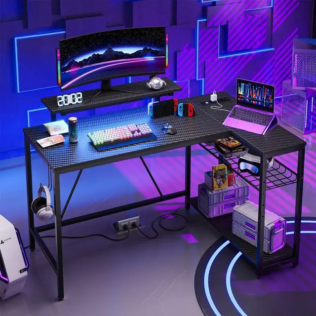 Alt view image 2 of 7 - Bestier 48" L-Shaped Gaming Desk with LED Lights, Power Outlets, and Monitor Stand Carbon Fiber Black