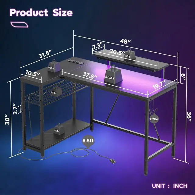 Alt view image 4 of 7 - Bestier 48" L-Shaped Gaming Desk with LED Lights, Power Outlets, and Monitor Stand Carbon Fiber Black