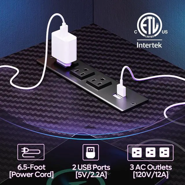 Alt view image 7 of 7 - Bestier 48" L-Shaped Gaming Desk with LED Lights, Power Outlets, and Monitor Stand Carbon Fiber Black