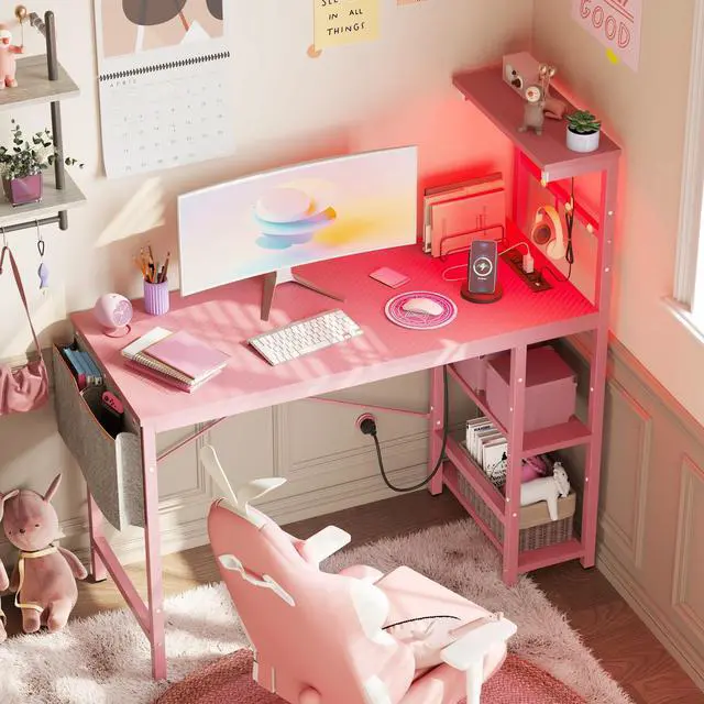 Alt view image 4 of 7 - Bestier 44 inch LED Gaming Desk with Outlets & USB Ports Computer Desk with Storage Shelves in Pink Carbon Fiber