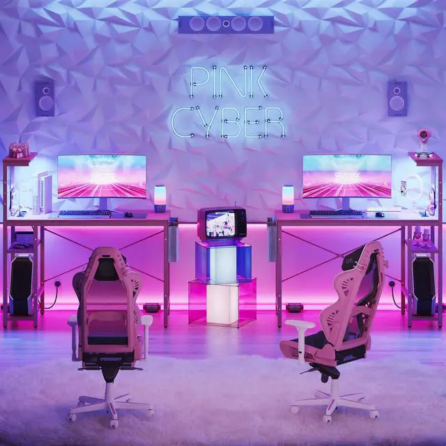 Alt view image 5 of 7 - Bestier 44 inch LED Gaming Desk with Outlets & USB Ports Computer Desk with Storage Shelves in Pink Carbon Fiber