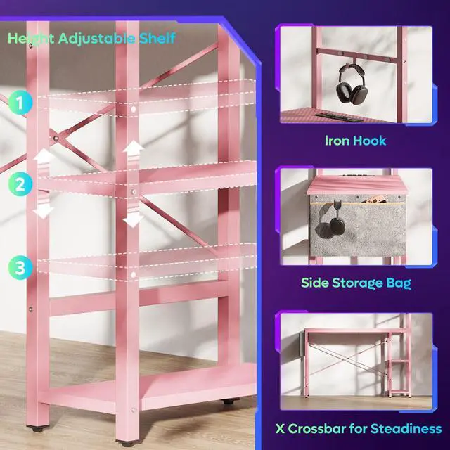 Alt view image 7 of 7 - Bestier 44 inch LED Gaming Desk with Outlets & USB Ports Computer Desk with Storage Shelves in Pink Carbon Fiber
