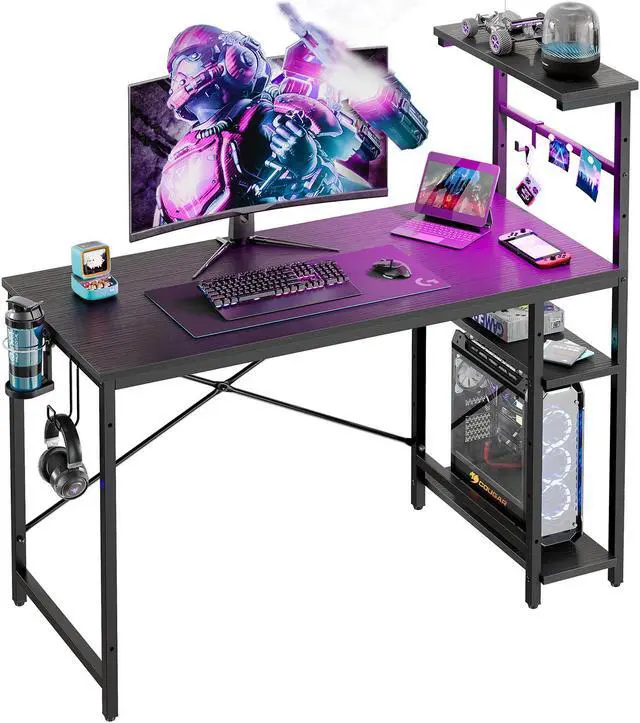 Alt view image 2 of 7 - Bestier 44" RGB LED Gaming Desk with Adjustable Storage Shelves, Foldable Cup Holder & Headphone Hook for Gaming Room/Office, Black