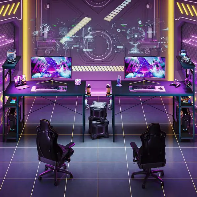 Alt view image 7 of 7 - Bestier 44" RGB LED Gaming Desk with Adjustable Storage Shelves, Foldable Cup Holder & Headphone Hook for Gaming Room/Office, Black