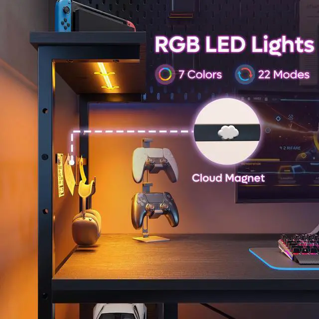 Alt view image 5 of 7 - Bestier 44" RGB LED Gaming Desk with Adjustable Storage Shelves, Foldable Cup Holder & Headphone Hook for Gaming Room/Office, Black