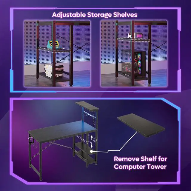 Alt view image 4 of 7 - Bestier 44" RGB LED Gaming Desk with Adjustable Storage Shelves, Foldable Cup Holder & Headphone Hook for Gaming Room/Office, Black