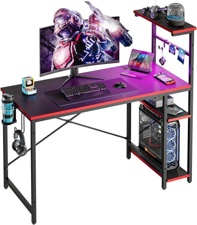 Alt view image 5 of 7 - Bestier 44" Rectangular Gaming Desk with RGB LED Lights and Adjustable Storage Shelves, Carbon Fiber Black Finish, with Foldable Cup Holder and Headphone Hook, Easy Assembly