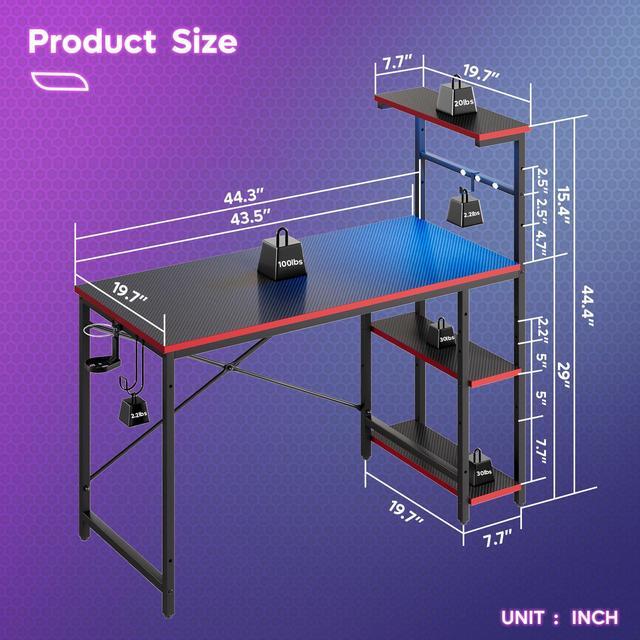 Alt view image 3 of 7 - Bestier 44" Rectangular Gaming Desk with RGB LED Lights and Adjustable Storage Shelves, Carbon Fiber Black Finish, with Foldable Cup Holder and Headphone Hook, Easy Assembly