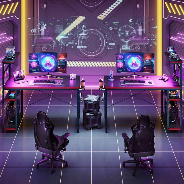 Alt view image 4 of 7 - Bestier 44" Rectangular Gaming Desk with RGB LED Lights and Adjustable Storage Shelves, Carbon Fiber Black Finish, with Foldable Cup Holder and Headphone Hook, Easy Assembly