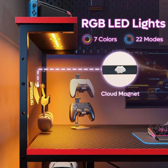 Alt view image 6 of 7 - Bestier 44" Rectangular Gaming Desk with RGB LED Lights and Adjustable Storage Shelves, Carbon Fiber Black Finish, with Foldable Cup Holder and Headphone Hook, Easy Assembly