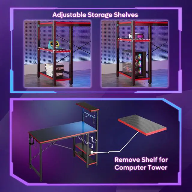 Alt view image 7 of 7 - Bestier 44" Rectangular Gaming Desk with RGB LED Lights and Adjustable Storage Shelves, Carbon Fiber Black Finish, with Foldable Cup Holder and Headphone Hook, Easy Assembly