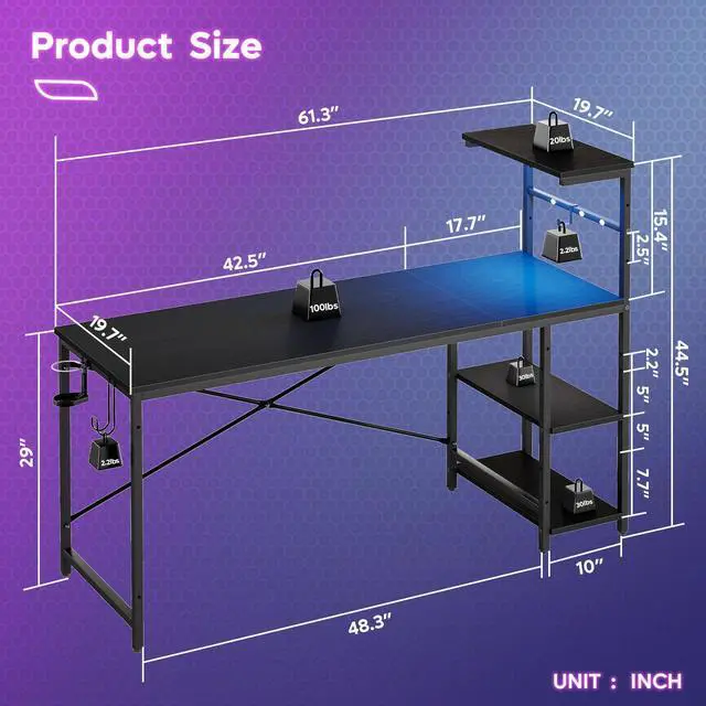 Alt view image 7 of 7 - Bestier 61" Rectangular Gaming Desk with RGB LED Light, Computer Desk with Adjustable Storage Shelves, Headphone Hook, Cup holder and Magnets, Easy Assembly(Black)