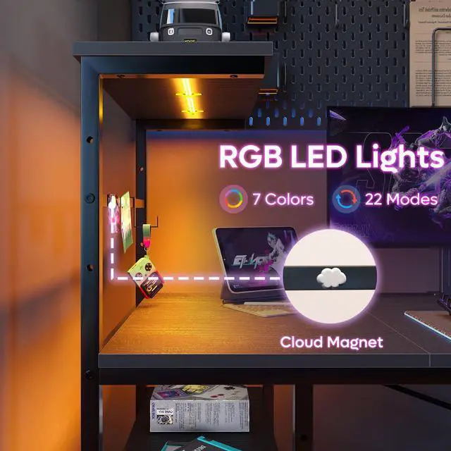 Alt view image 3 of 7 - Bestier 61" Rectangular Gaming Desk with RGB LED Light, Computer Desk with Adjustable Storage Shelves, Headphone Hook, Cup holder and Magnets, Easy Assembly(Black)