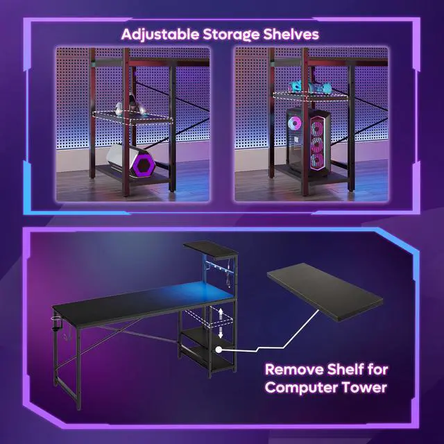 Alt view image 4 of 7 - Bestier 61" Rectangular Gaming Desk with RGB LED Light, Computer Desk with Adjustable Storage Shelves, Headphone Hook, Cup holder and Magnets, Easy Assembly(Black)