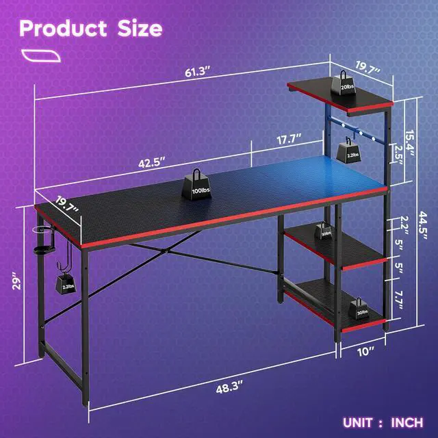 Alt view image 2 of 7 - Bestier 61 RGB Gaming Desk for Dual Monitors, Computer Workstation with 4 Storage Shelves, Hooks, Cup Holder & Magnet Board, Black