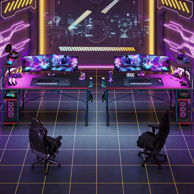 Alt view image 5 of 7 - Bestier 61 RGB Gaming Desk for Dual Monitors, Computer Workstation with 4 Storage Shelves, Hooks, Cup Holder & Magnet Board, Black