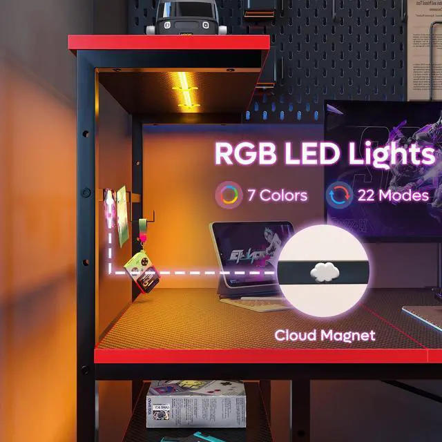 Alt view image 3 of 7 - Bestier 61 RGB Gaming Desk for Dual Monitors, Computer Workstation with 4 Storage Shelves, Hooks, Cup Holder & Magnet Board, Black