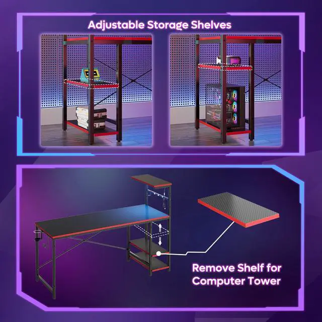 Alt view image 4 of 7 - Bestier 61 RGB Gaming Desk for Dual Monitors, Computer Workstation with 4 Storage Shelves, Hooks, Cup Holder & Magnet Board, Black
