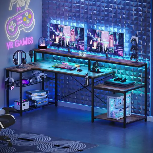 Alt view image 3 of 7 - Bestier 71.5 inch Computer Desk with Power Outlets, L Shaped LED Home Office Desk with Long Monitor Stand, Large Corner Desk with Storage Shelf, Cup Holder & Headset Hooks, Modern Table Rustic Brown