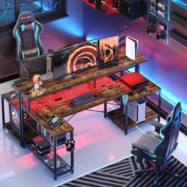 Alt view image 4 of 7 - Bestier 71.5 inch Computer Desk with Power Outlets, L Shaped LED Home Office Desk with Long Monitor Stand, Large Corner Desk with Storage Shelf, Cup Holder & Headset Hooks, Modern Table Rustic Brown