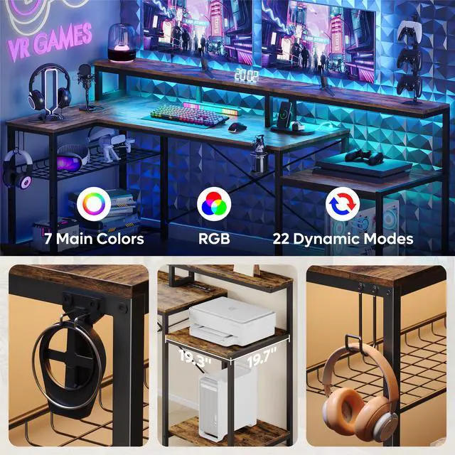 Alt view image 6 of 7 - Bestier 71.5 inch Computer Desk with Power Outlets, L Shaped LED Home Office Desk with Long Monitor Stand, Large Corner Desk with Storage Shelf, Cup Holder & Headset Hooks, Modern Table Rustic Brown