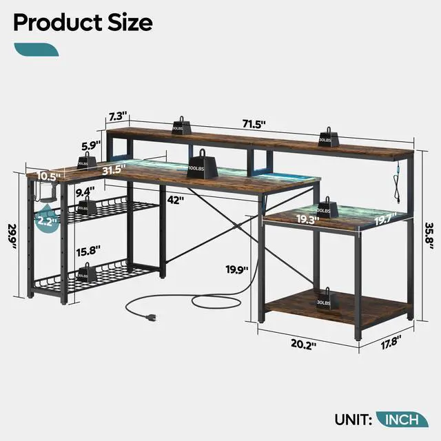 Alt view image 2 of 7 - Bestier 71.5 inch Computer Desk with Power Outlets, L Shaped LED Home Office Desk with Long Monitor Stand, Large Corner Desk with Storage Shelf, Cup Holder & Headset Hooks, Modern Table Rustic Brown