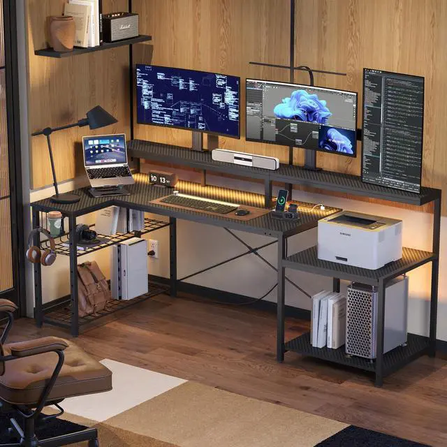 Alt view image 3 of 7 - Bestier L Shape Gaming Desk 71inch with LED Light Strip, Monitor Stand, Multi-Functional Storage and Filing Cabinet for Home Office Black