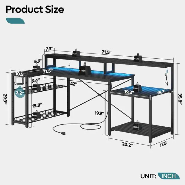 Alt view image 2 of 7 - Bestier L Shape Gaming Desk 71inch with LED Light Strip, Monitor Stand, Multi-Functional Storage and Filing Cabinet for Home Office Black