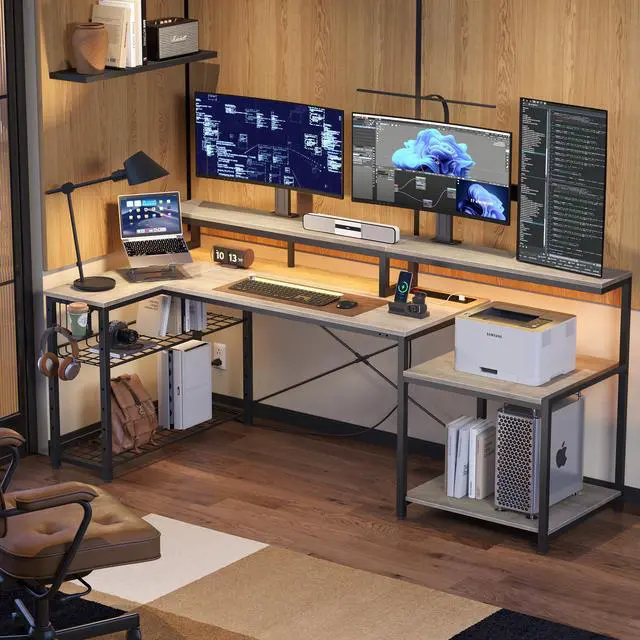 Main image of Bestier L Shape Gaming Desk with Power Outlets, 71inch Computer Desk with LED Light Strip, Monitor Stand, Multi-Functional Storage and Filing Cabinet for Home Office Grey