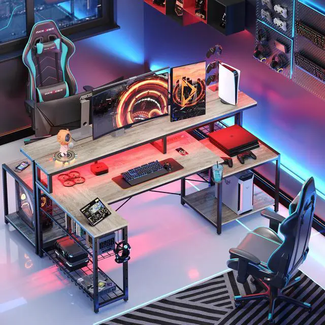 Alt view image 2 of 7 - Bestier L Shape Gaming Desk with Power Outlets, 71inch Computer Desk with LED Light Strip, Monitor Stand, Multi-Functional Storage and Filing Cabinet for Home Office Grey