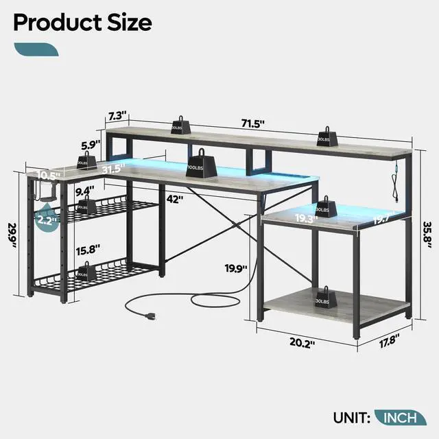 Alt view image 3 of 7 - Bestier L Shape Gaming Desk with Power Outlets, 71inch Computer Desk with LED Light Strip, Monitor Stand, Multi-Functional Storage and Filing Cabinet for Home Office Grey