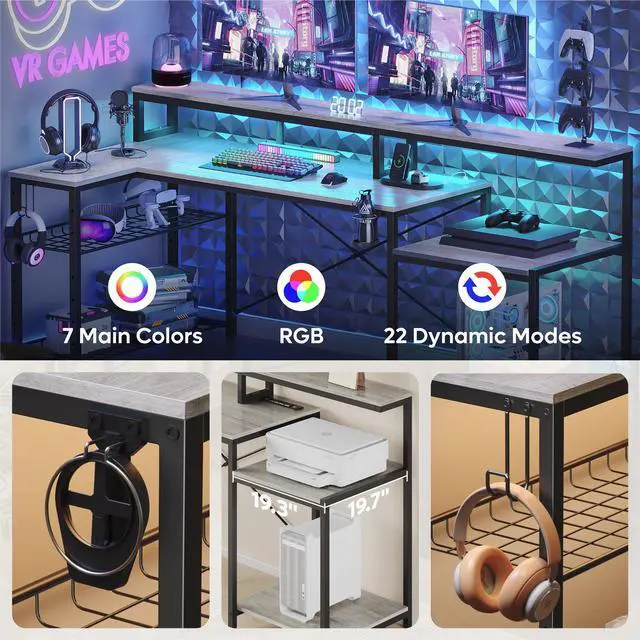 Alt view image 5 of 7 - Bestier L Shape Gaming Desk with Power Outlets, 71inch Computer Desk with LED Light Strip, Monitor Stand, Multi-Functional Storage and Filing Cabinet for Home Office Grey