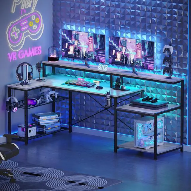 Alt view image 7 of 7 - Bestier L Shape Gaming Desk with Power Outlets, 71inch Computer Desk with LED Light Strip, Monitor Stand, Multi-Functional Storage and Filing Cabinet for Home Office Grey