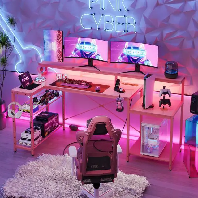 Alt view image 2 of 7 - Bestier L Shape Gaming Desk with Power Outlets, 71inch Computer Desk with LED Light Strip, Monitor Stand, Multi-Functional Storage and Filing Cabinet for Home Office Pink