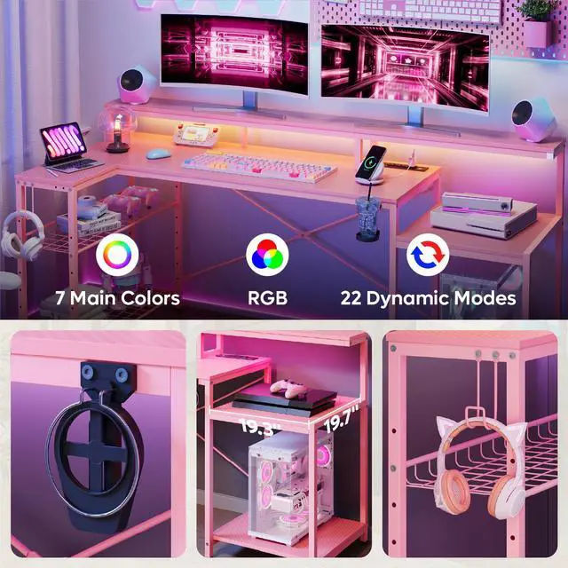 Alt view image 3 of 7 - Bestier L Shape Gaming Desk with Power Outlets, 71inch Computer Desk with LED Light Strip, Monitor Stand, Multi-Functional Storage and Filing Cabinet for Home Office Pink