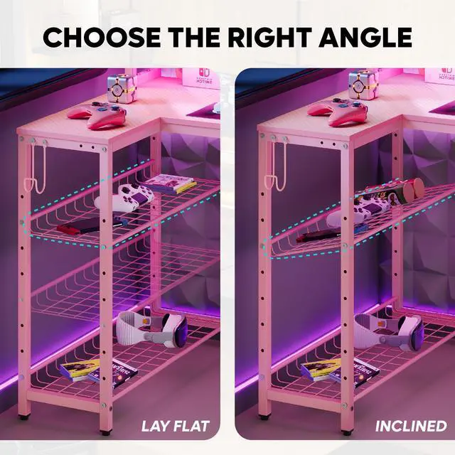 Alt view image 4 of 7 - Bestier L Shape Gaming Desk with Power Outlets, 71inch Computer Desk with LED Light Strip, Monitor Stand, Multi-Functional Storage and Filing Cabinet for Home Office Pink