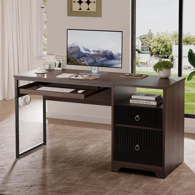 Main image of Bestier 55 Inch Computer Desk with Keyboard Tray, Modern Office Desk with Storage, Wood Writing Desk with File Drawer, Fluted Panel & 2 Hooks for Home Office & Studio