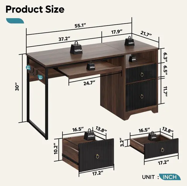 Alt view image 2 of 7 - Bestier 55 Inch Computer Desk with Keyboard Tray, Modern Office Desk with Storage, Wood Writing Desk with File Drawer, Fluted Panel & 2 Hooks for Home Office & Studio