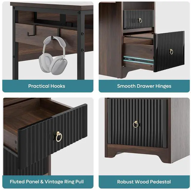 Alt view image 4 of 7 - Bestier 55 Inch Computer Desk with Keyboard Tray, Modern Office Desk with Storage, Wood Writing Desk with File Drawer, Fluted Panel & 2 Hooks for Home Office & Studio