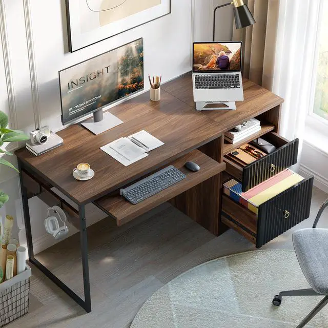 Alt view image 7 of 7 - Bestier 55 Inch Computer Desk with Keyboard Tray, Modern Office Desk with Storage, Wood Writing Desk with File Drawer, Fluted Panel & 2 Hooks for Home Office & Studio