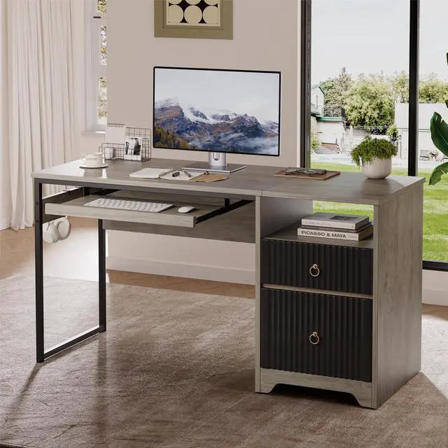 Main image of Bestier 55 Inch Computer Desk with Keyboard Tray, Modern Office Desk with Storage, Wood Writing Desk with File Drawer, Fluted Panel & 2 Hooks for Home Office & Studio Gray