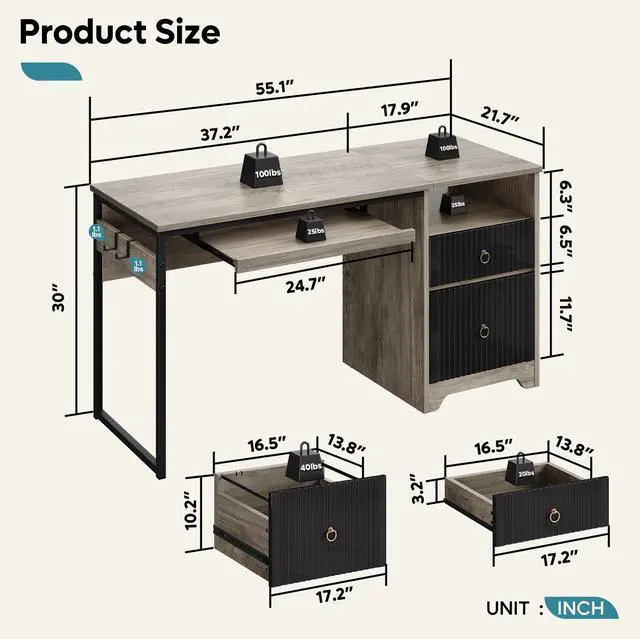 Alt view image 2 of 7 - Bestier 55 Inch Computer Desk with Keyboard Tray, Modern Office Desk with Storage, Wood Writing Desk with File Drawer, Fluted Panel & 2 Hooks for Home Office & Studio Gray