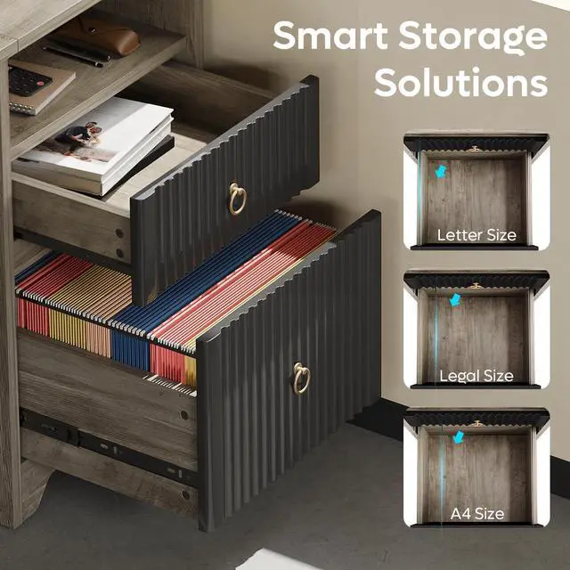 Alt view image 3 of 7 - Bestier 55 Inch Computer Desk with Keyboard Tray, Modern Office Desk with Storage, Wood Writing Desk with File Drawer, Fluted Panel & 2 Hooks for Home Office & Studio Gray