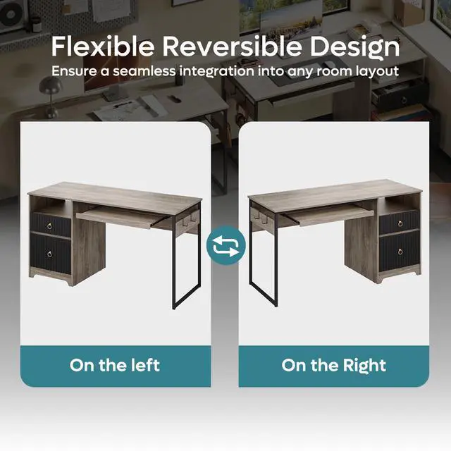 Alt view image 6 of 7 - Bestier 55 Inch Computer Desk with Keyboard Tray, Modern Office Desk with Storage, Wood Writing Desk with File Drawer, Fluted Panel & 2 Hooks for Home Office & Studio Gray