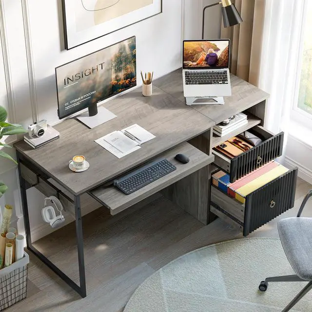 Alt view image 7 of 7 - Bestier 55 Inch Computer Desk with Keyboard Tray, Modern Office Desk with Storage, Wood Writing Desk with File Drawer, Fluted Panel & 2 Hooks for Home Office & Studio Gray