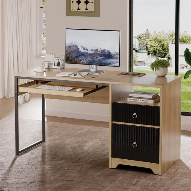 Main image of Bestier 55 Inch Computer Desk with Keyboard Tray, Modern Office Desk with Storage, Wood Writing Desk with File Drawer, Fluted Panel & 2 Hooks for Home Office & Studio Natural Oak