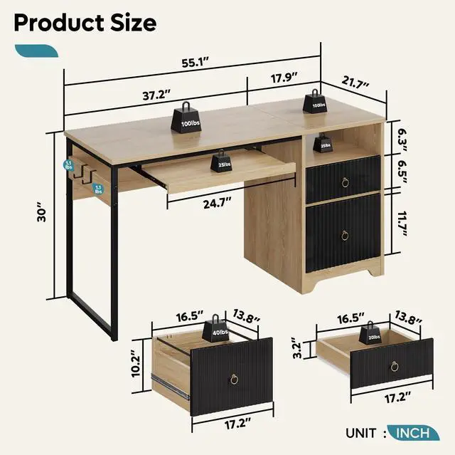 Alt view image 2 of 7 - Bestier 55 Inch Computer Desk with Keyboard Tray, Modern Office Desk with Storage, Wood Writing Desk with File Drawer, Fluted Panel & 2 Hooks for Home Office & Studio Natural Oak