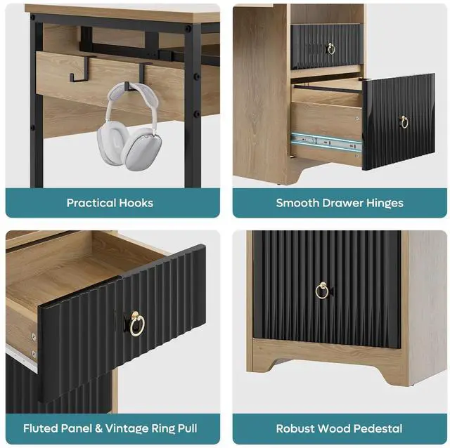 Alt view image 4 of 7 - Bestier 55 Inch Computer Desk with Keyboard Tray, Modern Office Desk with Storage, Wood Writing Desk with File Drawer, Fluted Panel & 2 Hooks for Home Office & Studio Natural Oak