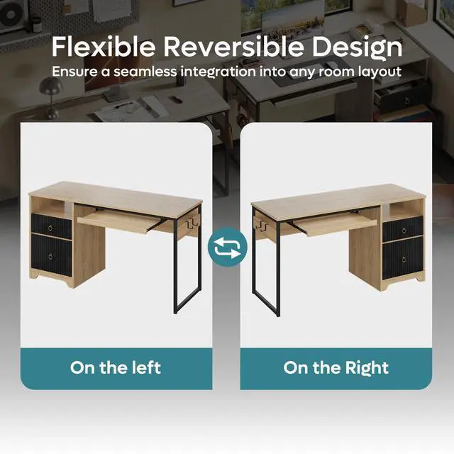 Alt view image 6 of 7 - Bestier 55 Inch Computer Desk with Keyboard Tray, Modern Office Desk with Storage, Wood Writing Desk with File Drawer, Fluted Panel & 2 Hooks for Home Office & Studio Natural Oak