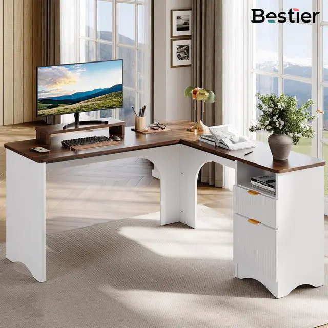 Main image of Bestier L Shaped Desk with File Drawer, 55.7" x 55" Office Computer Desk with Round Corners, Modern Desk with Monitor Stand & Fluted Panels for Home Office